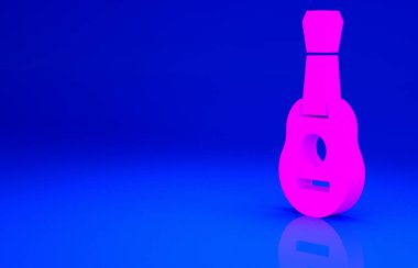 Pembe Gitar simgesi mavi arkaplanda izole edildi. Akustik gitar. Telli müzik aleti. Minimalizm kavramı. 3d illüstrasyon 3B canlandırma.