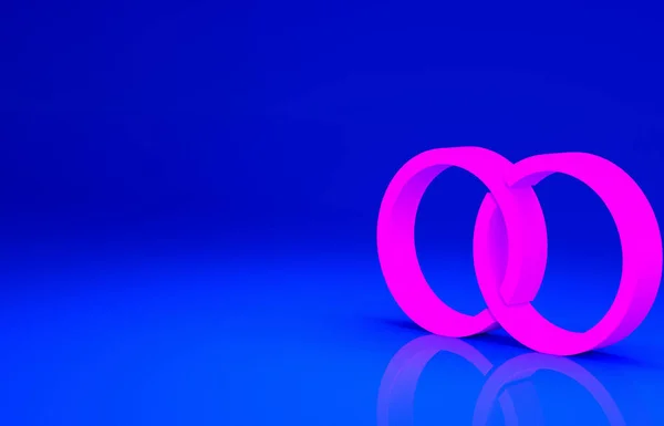 Pink Wedding rings icon isolated on blue background. Bride and groom jewelry sign. Marriage symbol. Diamond ring. Minimalism concept. 3d illustration 3D render.