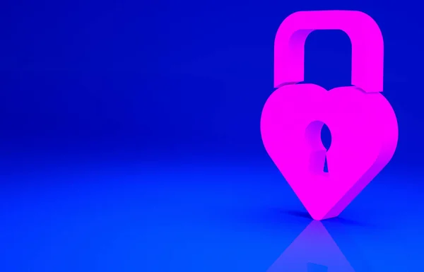 粉色城堡的形状是心形图标 与蓝色背景隔离 锁定的心脏 爱的象征和钥匙孔标志 最低纲领的概念 3D渲染3D插图 — 图库照片