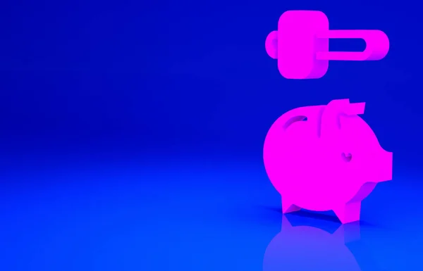 粉红色的猪油和锤子图标隔离在蓝色背景下 包括储蓄或积累资金 最低纲领的概念 3D渲染3D插图 — 图库照片