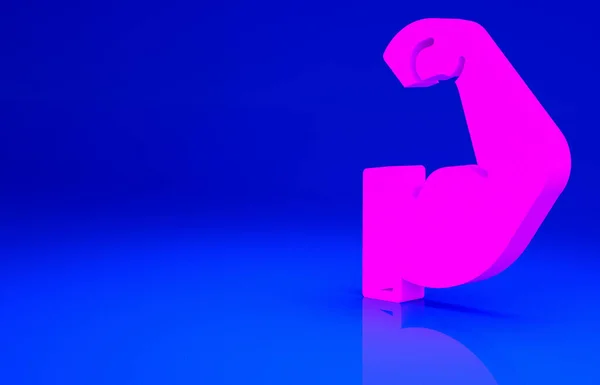 Рожевий Культурист Який Показує Його Значок Язів Ізольовано Синьому Фоні — стокове фото