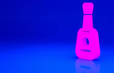 Pembe Gitar simgesi mavi arkaplanda izole edildi. Akustik gitar. Telli müzik aleti. Minimalizm kavramı. 3d illüstrasyon 3B canlandırma.