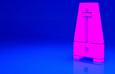 Mavi arkaplanda izole edilmiş hareket ikonlu Pembe Klasik Metronom. Müzik ve ritim mekanizması. Minimalizm kavramı. 3d illüstrasyon 3B canlandırma.