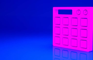 Pembe Davul Makinesi müzik yapımcısı ikonu mavi arka planda izole edildi. Minimalizm kavramı. 3d illüstrasyon 3B canlandırma.