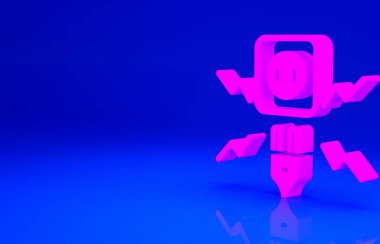 Pembe Bağlantılı elektrik prizi ile mavi arka planda izole edilmiş elektrik kıvılcımı simgesi. Minimalizm kavramı. 3d illüstrasyon 3B canlandırma.
