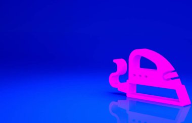 Mavi arkaplanda izole edilmiş pembe elektrikli demir ikonu. Buhar ütüsü. Minimalizm kavramı. 3d illüstrasyon 3B canlandırma.
