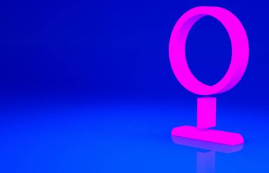 Pembe yuvarlak makyaj aynası ikonu mavi arkaplanda izole edilmiş. Minimalizm kavramı. 3d illüstrasyon 3B canlandırma.