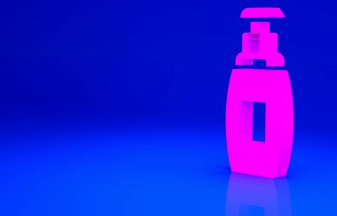 Mavi arka planda izole edilmiş şeker ikonu içeren pembe bir şişe antibakteriyel sabun. Antiseptik. Dezenfeksiyon, hijyen, cilt bakımı. Minimalizm kavramı. 3d illüstrasyon 3B canlandırma.