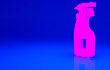 Mavi arka planda izole edilmiş deterjan likörü olan pembe temizlik spreyi şişesi. Minimalizm kavramı. 3d illüstrasyon 3B canlandırma.