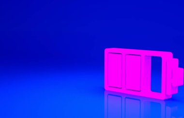 Pembe Batarya şarj seviyesi göstergesi simgesi mavi arkaplanda izole edildi. Minimalizm kavramı. 3d illüstrasyon 3B canlandırma.