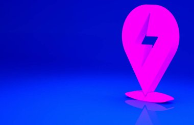 Pembe Şimşek simgesi mavi arkaplanda izole edildi. Flaş ikonu. Flaş ikonunu yükle. Gök gürültüsü. Yıldırım çarpması. Minimalizm kavramı. 3d illüstrasyon 3B canlandırma.