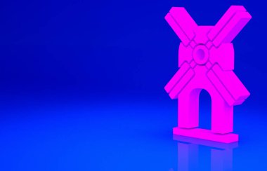 Pembe Rüzgar türbini simgesi mavi arkaplanda izole edildi. Rüzgar jeneratörü işareti. Elektrik üretimi için yel değirmeni. Minimalizm kavramı. 3d illüstrasyon 3B canlandırma.