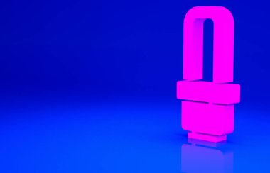 Pembe LED ampul simgesi mavi arkaplanda izole edildi. Ekonomik LED ışıklı ampul. Enerji lambasını sakla. Minimalizm kavramı. 3d illüstrasyon 3B canlandırma.