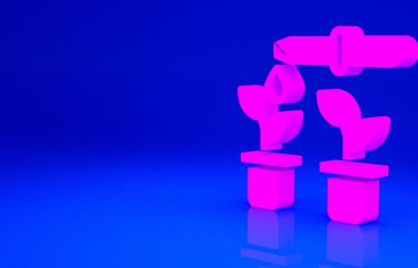 Pembe su damlası pipetten damlıyor mavi arkaplanda izole edilmiş bitki ikonu üzerine. Tıbbi veya tarımsal deneyler. Gübreler ve böcek ilaçları. Minimalizm kavramı. 3d illüstrasyon 3B canlandırma.