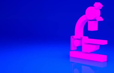 Mavi arkaplanda izole edilmiş pembe mikroskop simgesi. Kimya, ilaç aleti, mikrobiyoloji büyütme aracı. Minimalizm kavramı. 3d illüstrasyon 3B canlandırma.