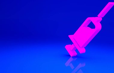 Mavi arka planda serum ikonu olan pembe şırınga. Aşı için şırınga, aşı, iğne, grip aşısı. Tıbbi ekipman. Minimalizm kavramı. 3d illüstrasyon 3B canlandırma.