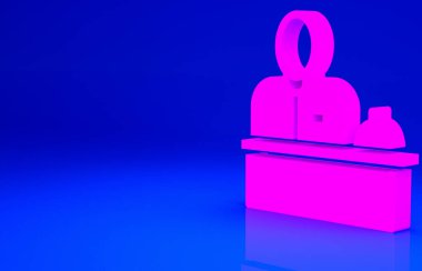 Otel resepsiyonunda duran pembe resepsiyonist mavi arka planda izole edilmiş. Minimalizm kavramı. 3d illüstrasyon 3B canlandırma.