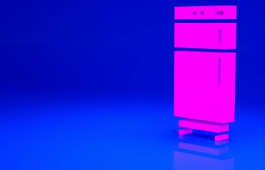 Pembe Buzdolabı simgesi mavi arkaplanda izole edilmiş. Buzdolabı buzdolabı. Ev aletleri ve aletler. Minimalizm kavramı. 3d illüstrasyon 3B canlandırma.