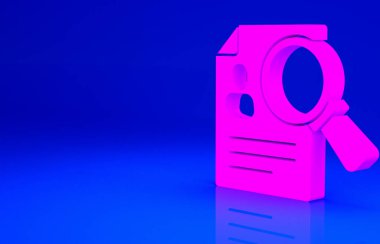 Pembe Belge, kağıt analizi, büyüteç ikonu mavi arkaplanda izole edilmiş. Kanıt sembolü. Minimalizm kavramı. 3d illüstrasyon 3B canlandırma.