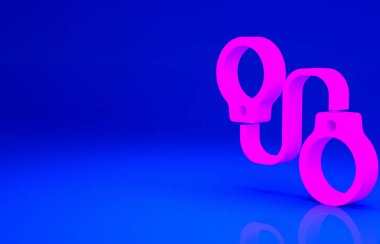 Mavi arka planda pembe kelepçe simgesi var. Minimalizm kavramı. 3d illüstrasyon 3B canlandırma.