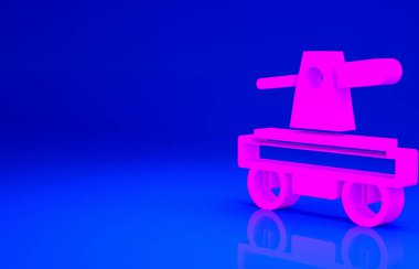 Pembe Draisine el arabası tren yolu taşımacılığı ikonu mavi arka planda izole edildi. Minimalizm kavramı. 3d illüstrasyon 3B canlandırma.