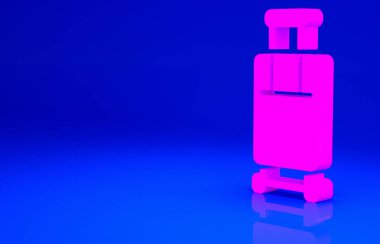 Seyahat simgesi için pembe bavul mavi arkaplanda izole edildi. Seyahat bagaj tabelası. Seyahat bagaj ikonu. Minimalizm kavramı. 3d illüstrasyon 3B canlandırma.