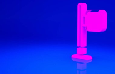 Pembe Kafe ve restoran konumu ikonu mavi arka planda izole edilmiş. Noktanın içinde çatal ve kaşık yeme işareti var. Minimalizm kavramı. 3d illüstrasyon 3B canlandırma..