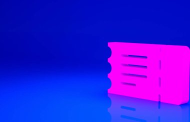 Pembe tren bileti ikonu mavi arka planda izole edildi. Demiryolu ile seyahat et. Minimalizm kavramı. 3d illüstrasyon 3B canlandırma.