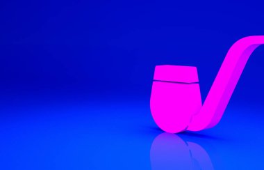 Mavi arka planda izole edilmiş duman simgesi olan pembe tüttürme piposu. Tütün piposu. Minimalizm kavramı. 3d illüstrasyon 3B canlandırma.