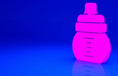 Pembe bebek ikonu mavi arka planda izole edilmiş. Beslenme şişesi simgesi. Süt şişesi tabelası. Minimalizm kavramı. 3d illüstrasyon 3B canlandırma.