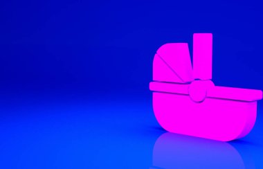 Pembe Bebek puseti simgesi mavi arkaplanda izole edildi. Bebek arabası, at arabası, bebek arabası, bebek arabası, tekerlek. Minimalizm kavramı. 3d illüstrasyon 3B canlandırma.