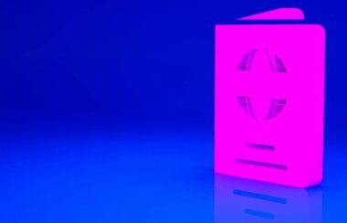 Mavi arka planda biyometrik veri simgesine sahip pembe pasaport. Kimlik Belgesi. Minimalizm kavramı. 3d illüstrasyon 3B canlandırma.