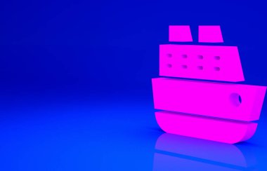 Pembe Yolcu gemisi simgesi mavi arka planda izole edildi. Seyahat turizmi deniz taşımacılığı. Yolcu gemisi, yolcu gemisi. Dünya çapında bir gezi. Minimalizm kavramı. 3d illüstrasyon 3B canlandırma.