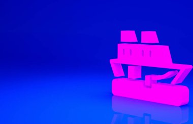 Pembe Yolcu gemisi simgesi mavi arka planda izole edildi. Seyahat turizmi deniz taşımacılığı. Yolcu gemisi, yolcu gemisi. Dünya çapında bir gezi. Minimalizm kavramı. 3d illüstrasyon 3B canlandırma.
