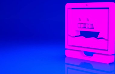 Pembe Yolcu gemisi simgesi mavi arka planda izole edildi. Seyahat turizmi deniz taşımacılığı. Yolcu gemisi, yolcu gemisi. Dünya çapında bir gezi. Minimalizm kavramı. 3d illüstrasyon 3B canlandırma.