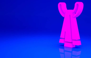 Mavi arka planda izole edilmiş bir askı simgesinde pembe havlu. Banyo havlusu ikonu. Minimalizm kavramı. 3d illüstrasyon 3B canlandırma.