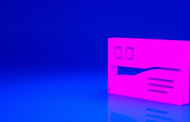 Pembe kartpostal seyahat simgesi mavi arkaplanda izole edilmiş. Minimalizm kavramı. 3d illüstrasyon 3B canlandırma.