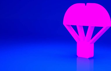 Mavi arka planda izole edilmiş paraşüt ikonu üzerinde uçan pembe kutu. Nakliye için paraşütlü paket. Teslimat servisi, hava taşımacılığı. Minimalizm kavramı. 3d illüstrasyon 3B canlandırma.