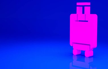 Seyahat simgesi için pembe bavul mavi arkaplanda izole edildi. Seyahat bagaj tabelası. Seyahat bagaj ikonu. Minimalizm kavramı. 3d illüstrasyon 3B canlandırma.