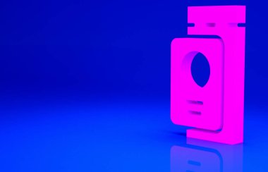 Mavi arka planda bilet simgesi olan pembe pasaport. Kimlik Belgesi. Konsept seyahat ve turizm. Minimalizm kavramı. 3d illüstrasyon 3B canlandırma.