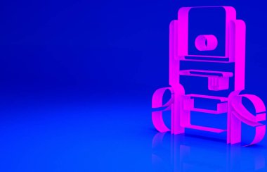 Pembe Yürüyüş sırt çantası simgesi mavi arkaplanda izole edildi. Kamp ve dağ gezisi sırt çantası. Minimalizm kavramı. 3d illüstrasyon 3B canlandırma.