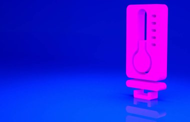 Pembe Meteoroloji termometresi ısıyı ve soğuk ikonu mavi arka planda izole ediyor. Termometre termometresi sıcak ya da soğuk hava gösteriyor. Minimalizm kavramı. 3d illüstrasyon 3B canlandırma.