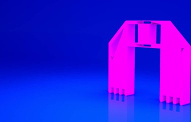 Mavi arkaplanda izole edilmiş pembe kış eşarbı simgesi. Minimalizm kavramı. 3d illüstrasyon 3B canlandırma.