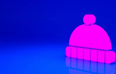 Mavi arkaplanda izole edilmiş pembe kış şapkası simgesi. Minimalizm kavramı. 3d illüstrasyon 3B canlandırma.
