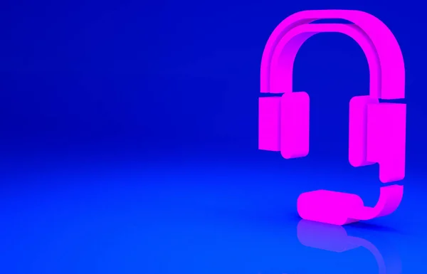 Rózsaszín Fejhallgató Mikrofon Ikon Elszigetelt Kék Alapon Minimalizmus Koncepció Illusztráció — Stock Fotó