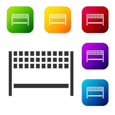 Bitiş çizgisi simgesindeki siyah kurdele beyaz arkaplanda izole edildi. Bitiş çizgisinin sembolü. Spor sembolü ya da iş konsepti. Renkli kare düğmelerle simgeleri ayarla. Vektör İllüstrasyonu.