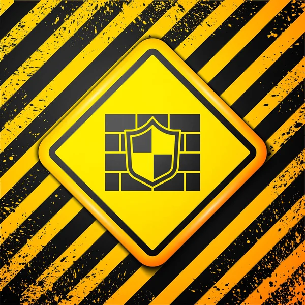 Black Shield Cyber Security Brick Wall Icon Isolated Yellow Background — Stock Vector