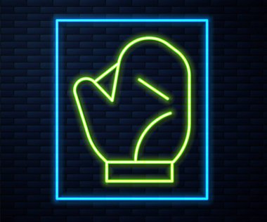 Parlayan neon hattı beyzbol eldiveni ikonu tuğla duvar arka planında izole edilmiş. Vektör İllüstrasyonu.