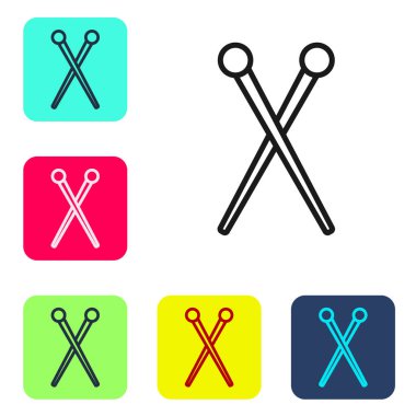 Siyah çizgili örgü iğneleri beyaz arka planda izole edilmiş. El yapımı, örgü ya da terzi için etiket. Renkli kare düğmelerle simgeleri ayarla. Vektör İllüstrasyonu.