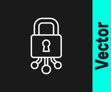 Beyaz çizgi siber güvenlik simgesi siyah arkaplanda izole edildi. Dijital devre kartında kapalı asma kilit. Güvenlik kavramı. Dijital veri koruması. Vektör.